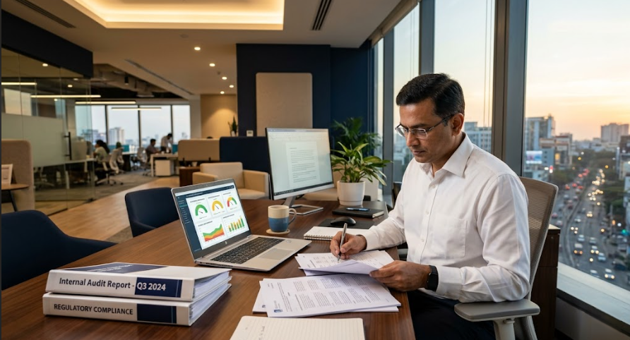 Senior CA professional at PKC Management Consulting Chennai reviewing internal audit findings report at office desk