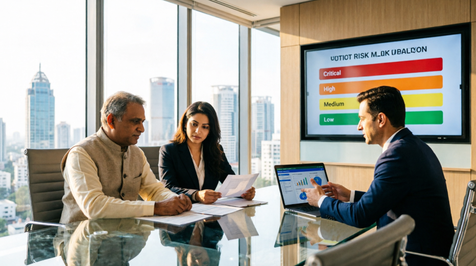 PKC Management Consulting internal audit team presenting risk-rated findings report to Indian business client in Chennai boardroom