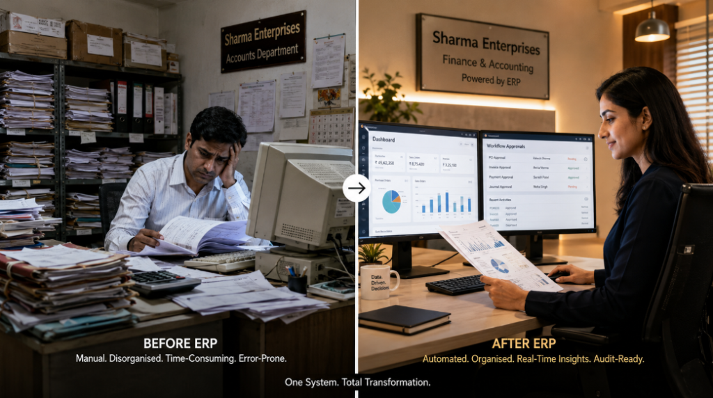 Before and after comparison showing Indian SME business controls without internal audit versus with structured internal audit process in place