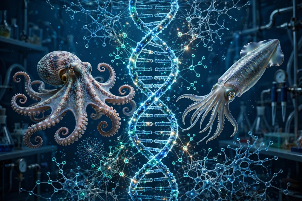 Octopus and squid with glowing 3D DNA structure illustrating cephalopod brain evolution