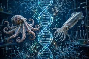 Octopus and squid with glowing 3D DNA structure illustrating cephalopod brain evolution