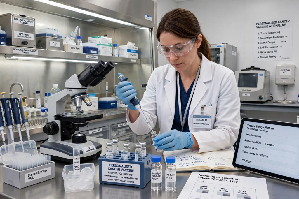 Researcher in a laboratory preparing a personalised cancer vaccine sample