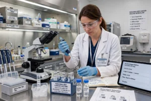 Researcher in a laboratory preparing a personalised cancer vaccine sample
