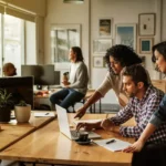 A small team working together around a laptop in an office